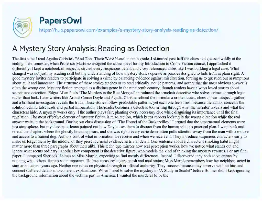 Essay on A Mystery Story Analysis: Reading as Detection