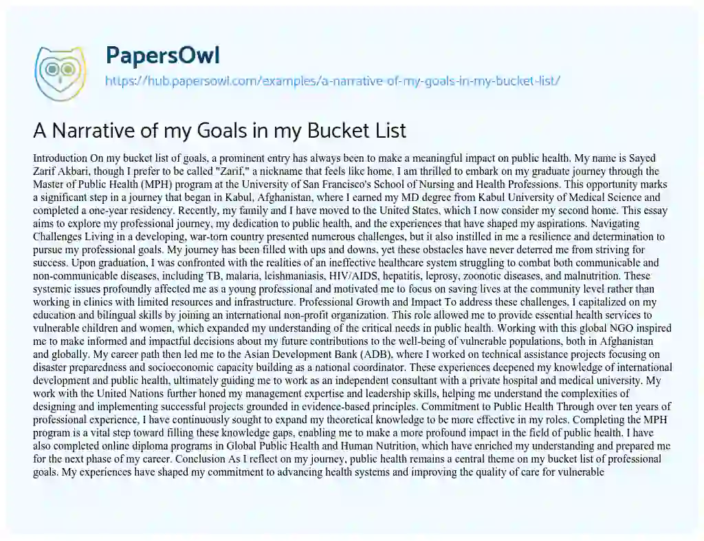 Essay on A Narrative of my Goals in my Bucket List