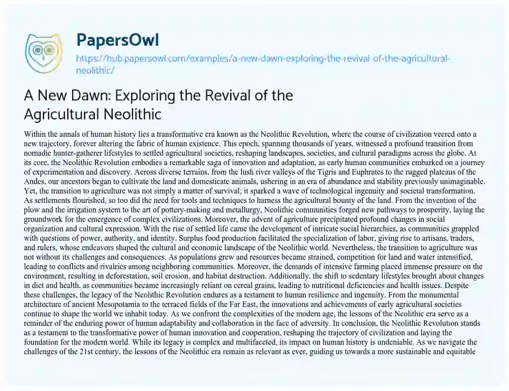 Essay on A New Dawn: Exploring the Revival of the Agricultural Neolithic