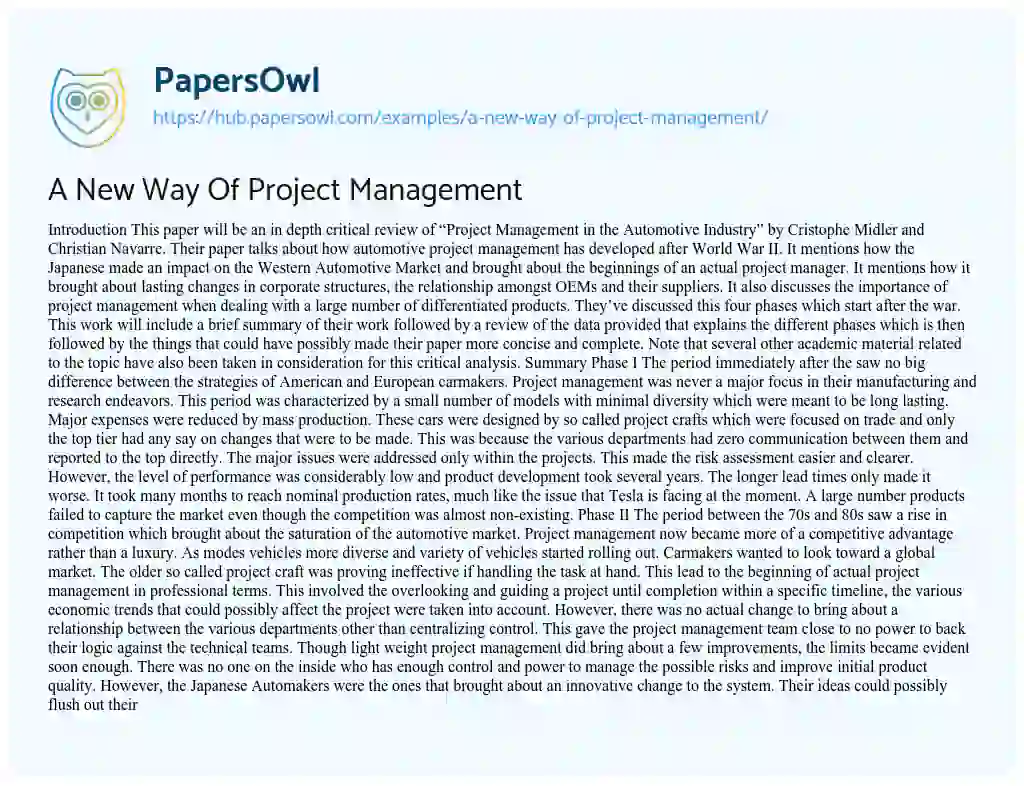 Essay on A New Way Of Project Management