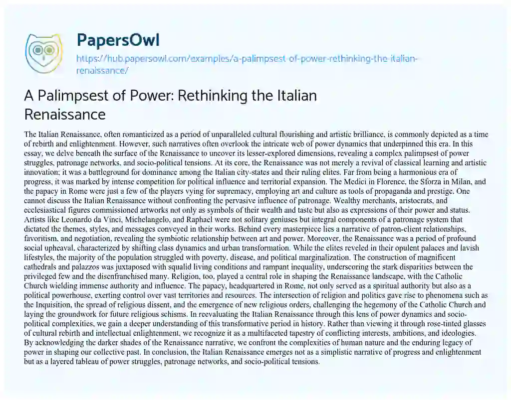 Essay on A Palimpsest of Power: Rethinking the Italian Renaissance