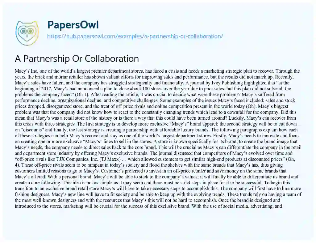 Essay on A Partnership Or Collaboration