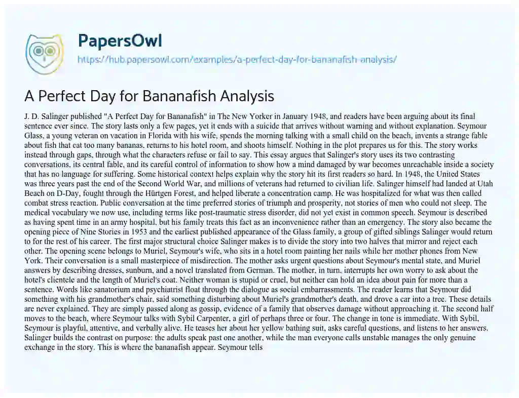 Essay on A Perfect Day for Bananafish Analysis