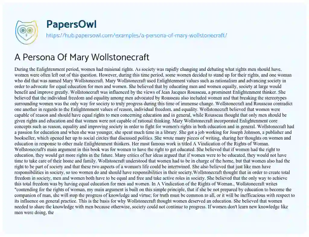 Essay on A Persona Of Mary Wollstonecraft