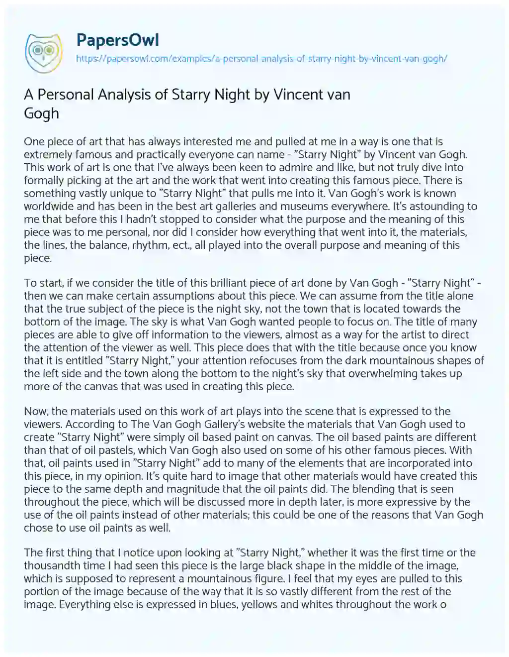 Essay on A Personal Analysis of Starry Night by Vincent van Gogh