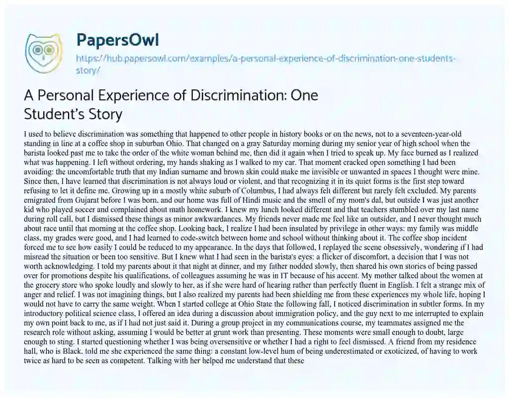 Essay on A Personal Experience of Discrimination: One Student’s Story