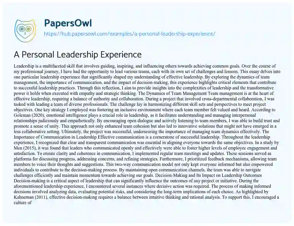 Essay on A Personal Leadership Experience