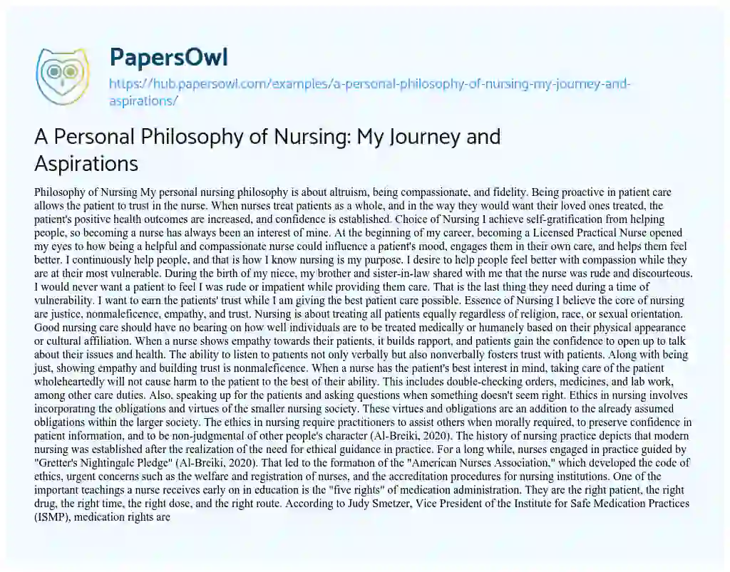 Essay on A Personal Philosophy of Nursing: My Journey and Aspirations
