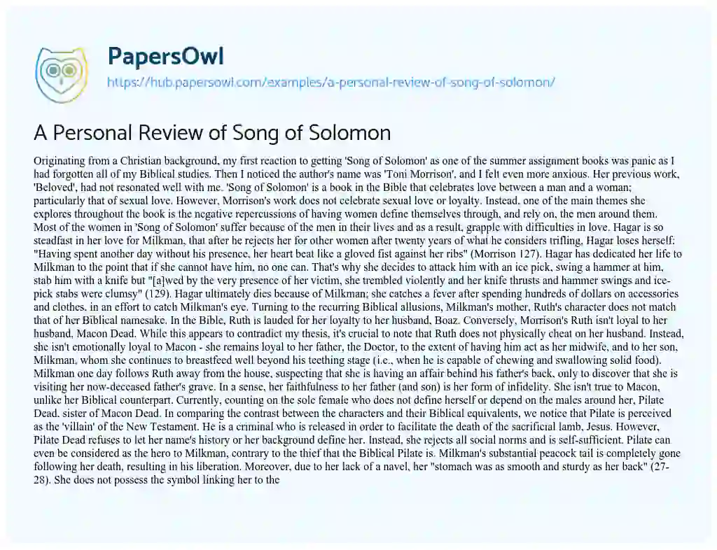 Essay on A Personal Review of Song of Solomon