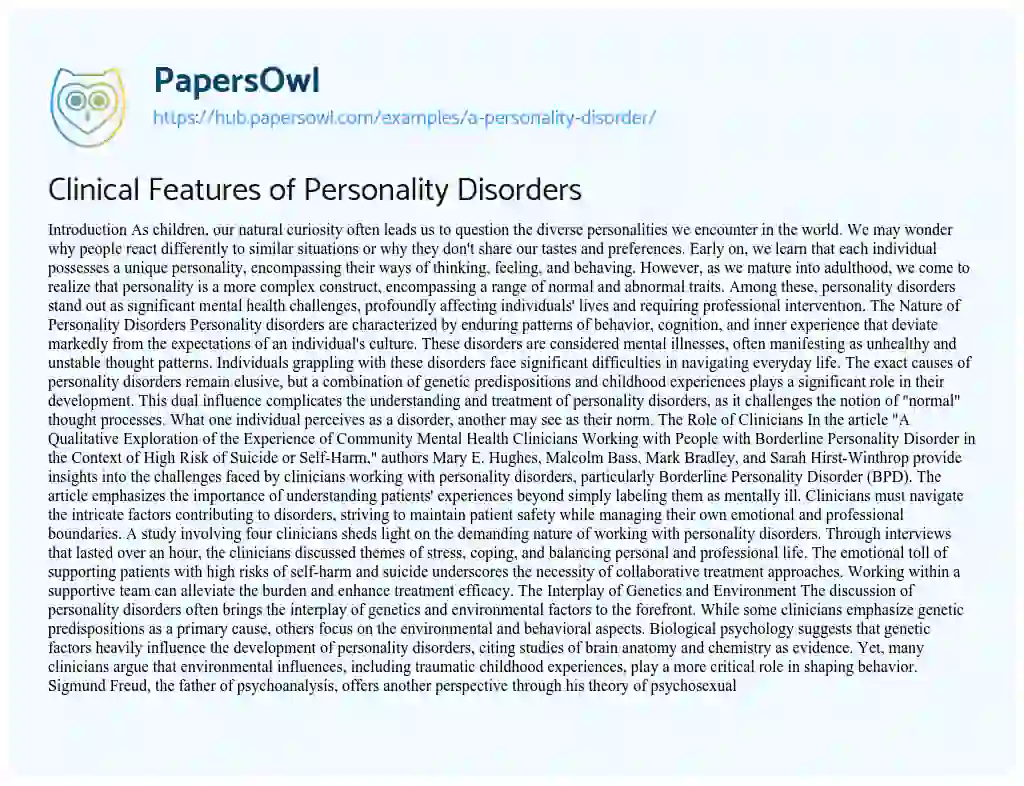 Essay on Clinical Features of Personality Disorders