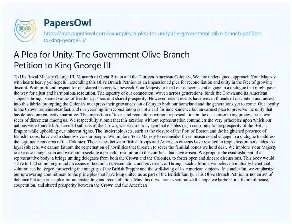 Essay on A Plea for Unity: The Government Olive Branch Petition to King George III