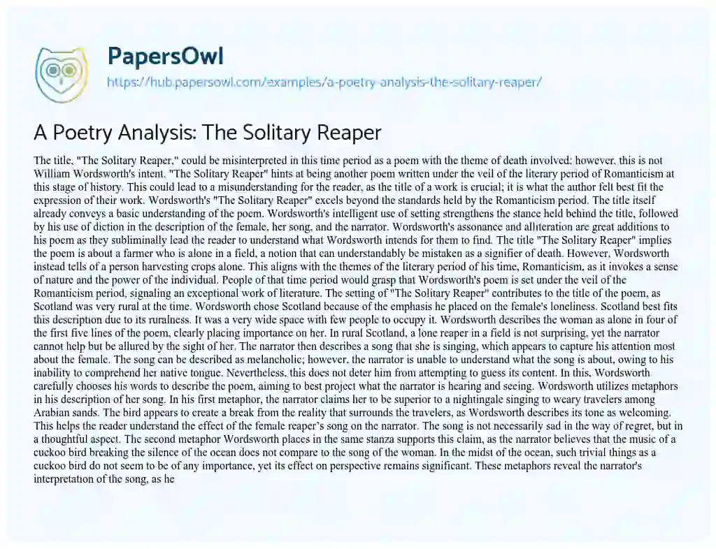 Essay on A Poetry Analysis: The Solitary Reaper