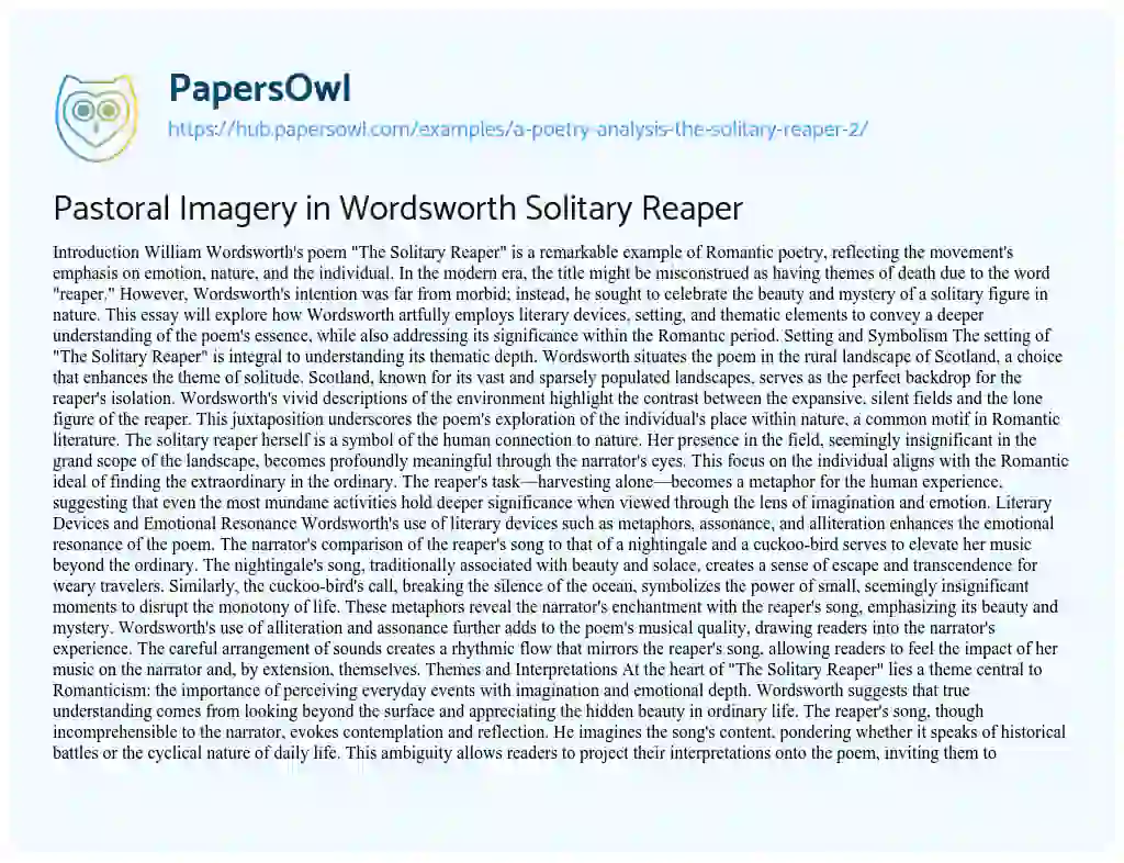 Essay on Pastoral Imagery in Wordsworth Solitary Reaper