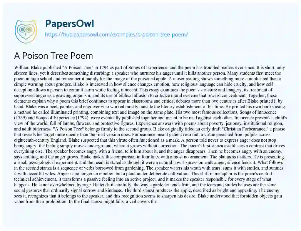 Essay on A Poison Tree Poem