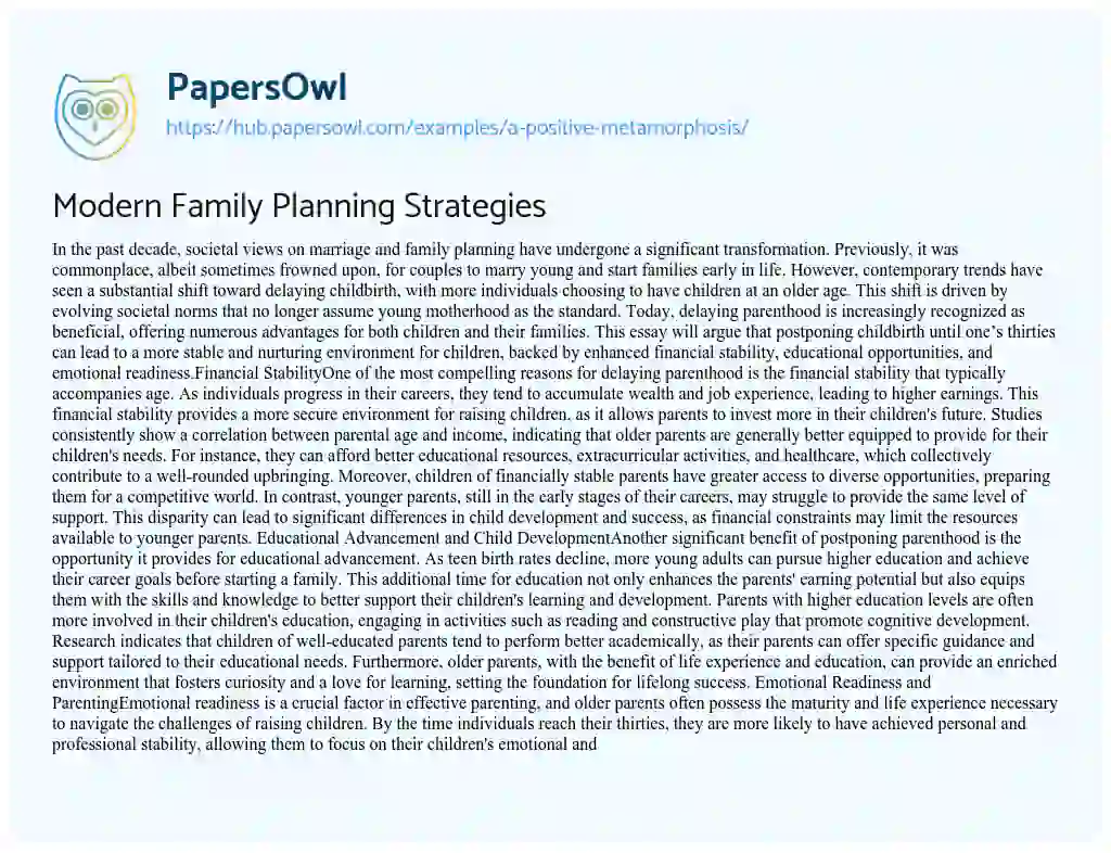 Essay on Modern Family Planning Strategies