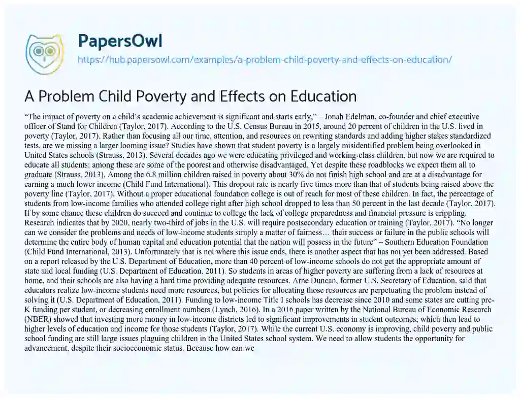 Essay on A Problem Child Poverty and Effects on Education