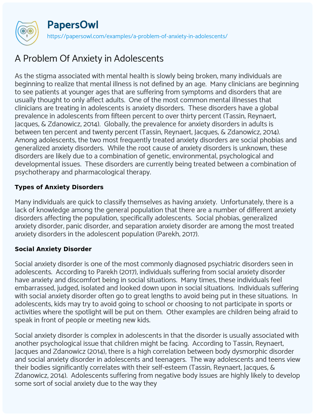 Essay on A Problem Of Anxiety in Adolescents