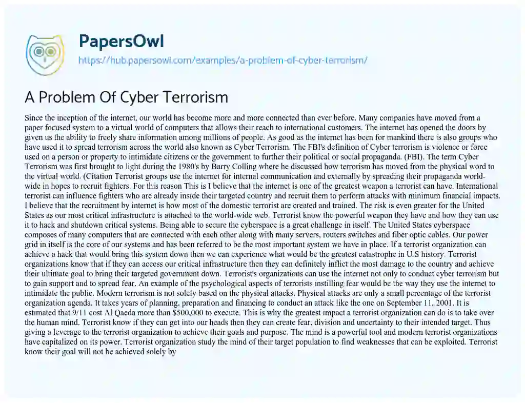 Essay on A Problem Of Cyber Terrorism
