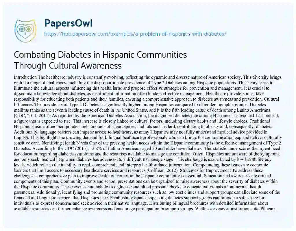 Essay on Combating Diabetes in Hispanic Communities Through Cultural Awareness