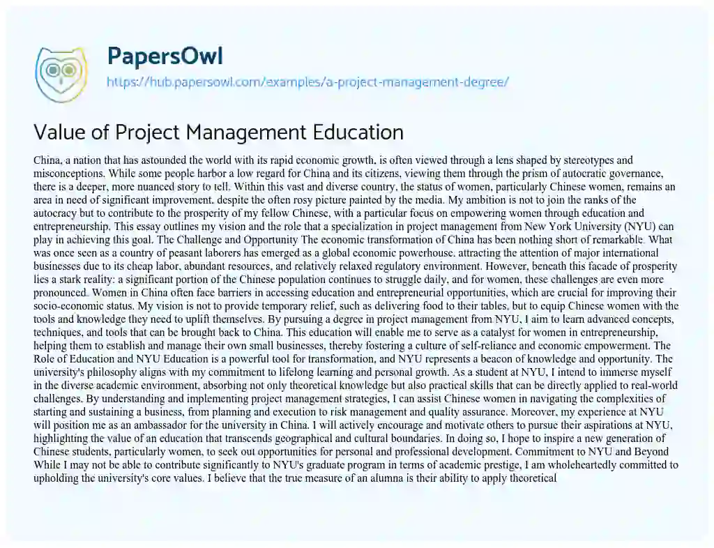 Essay on Value of Project Management Education