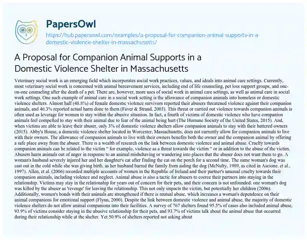 Essay on A Proposal for Companion Animal Supports in a Domestic Violence Shelter in Massachusetts