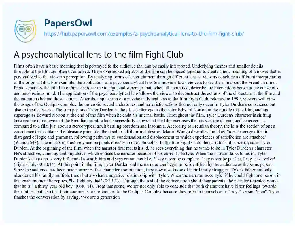 Essay on A psychoanalytical lens to the film Fight Club