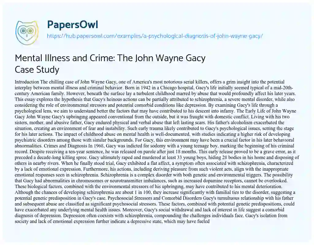 Essay on Mental Illness and Crime: The John Wayne Gacy Case Study