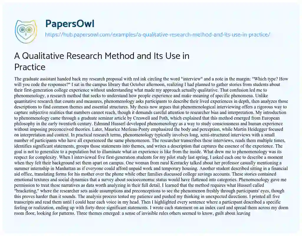 Essay on A Qualitative Research Method and Its Use in Practice