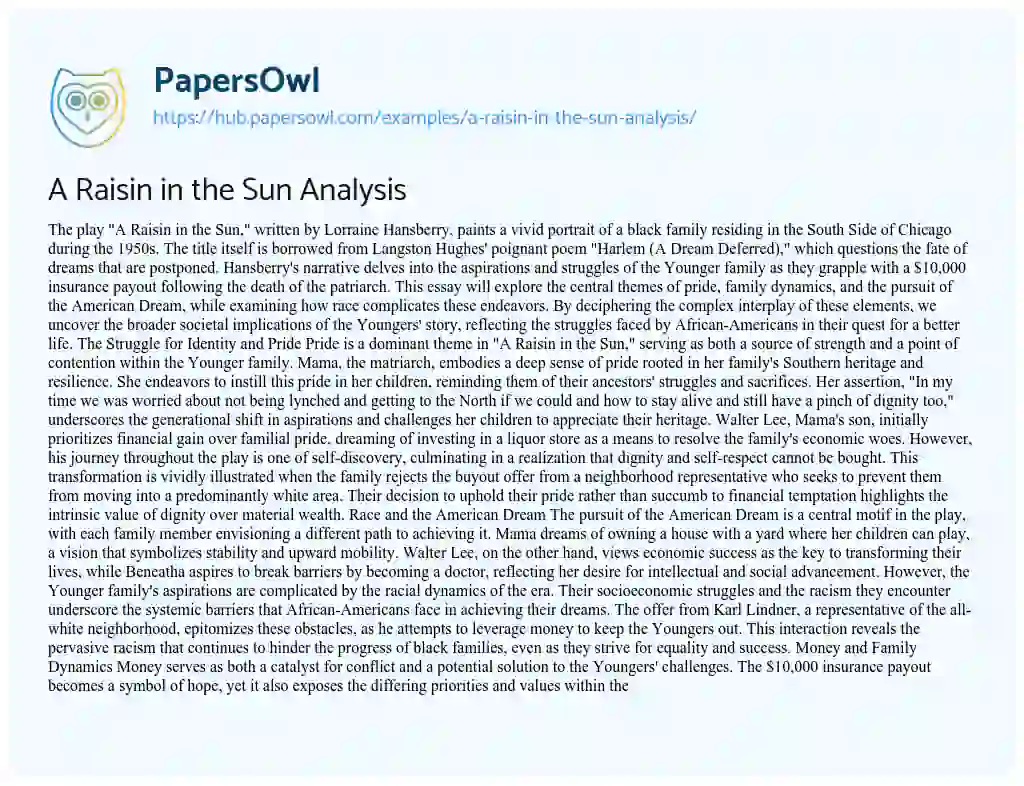 Essay on A Raisin in the Sun Analysis