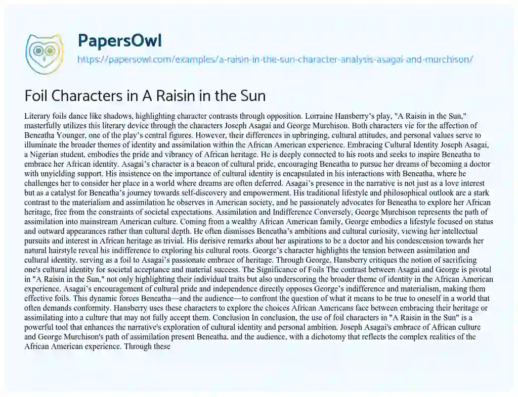 Essay on Foil Characters in A Raisin in the Sun