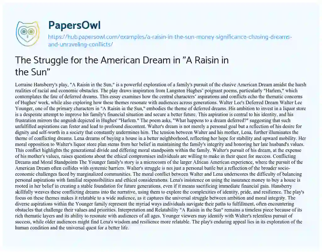Essay on The Struggle for the American Dream in “A Raisin in the Sun”