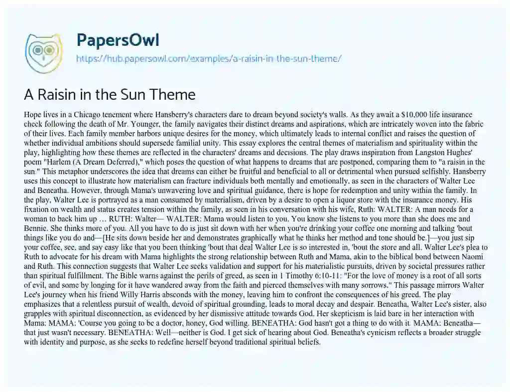 Essay on A Raisin in the Sun Theme