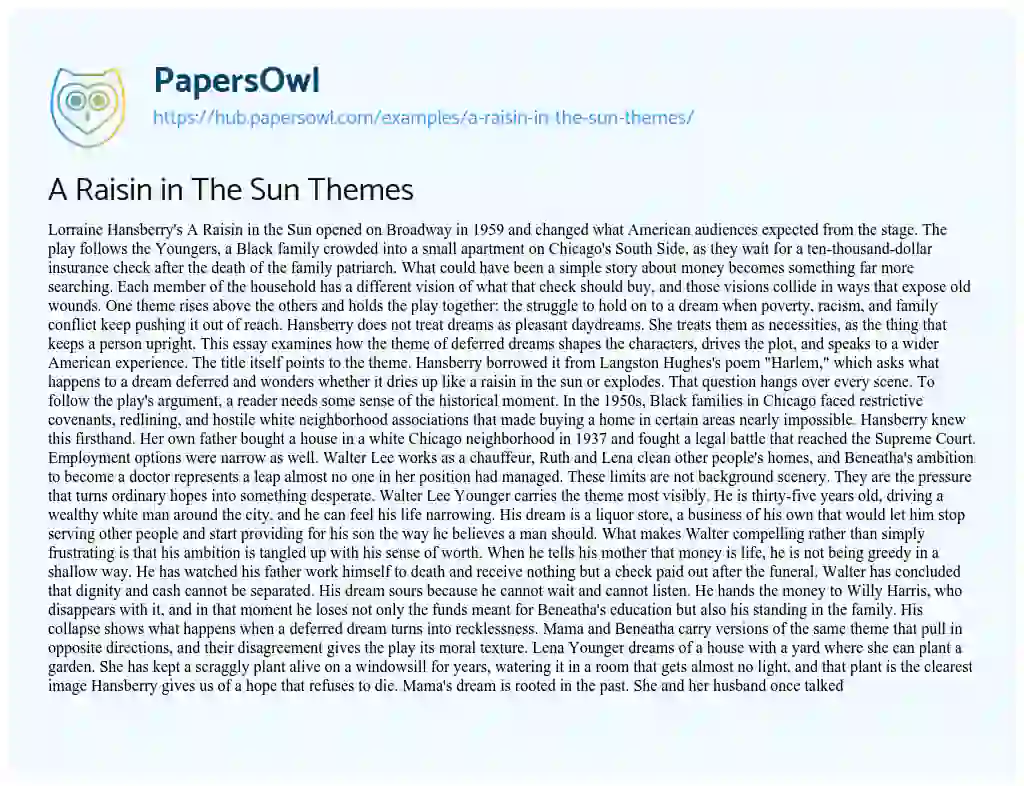 Essay on A Raisin in The Sun Themes