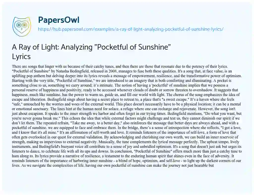 Essay on A Ray of Light: Analyzing “Pocketful of Sunshine” Lyrics