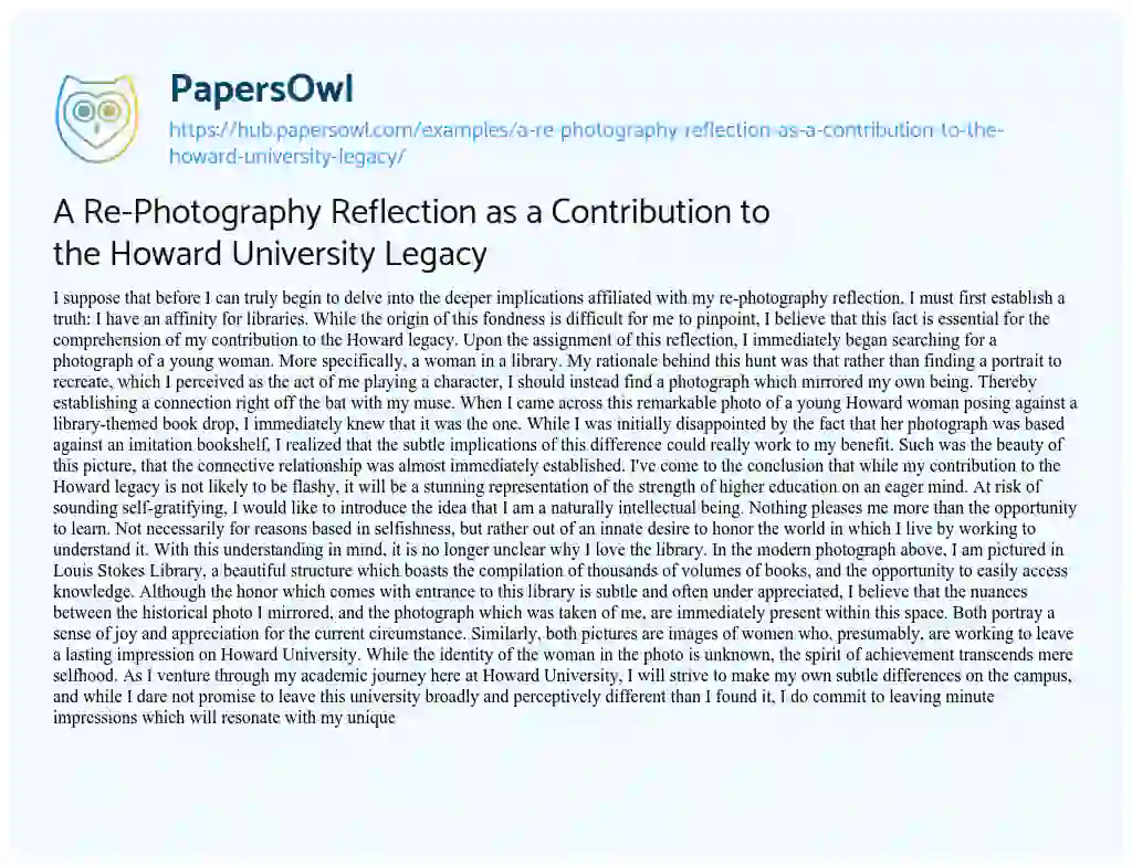 Essay on A Re-Photography Reflection as a Contribution to the Howard University Legacy