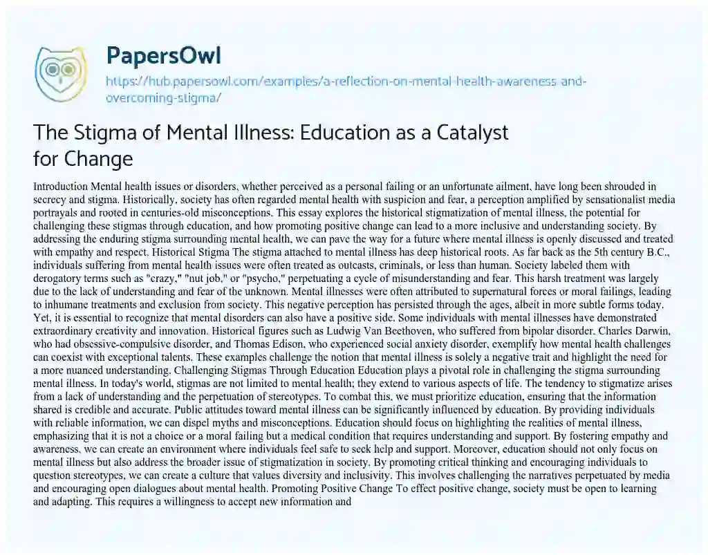 Essay on The Stigma of Mental Illness: Education as a Catalyst for Change