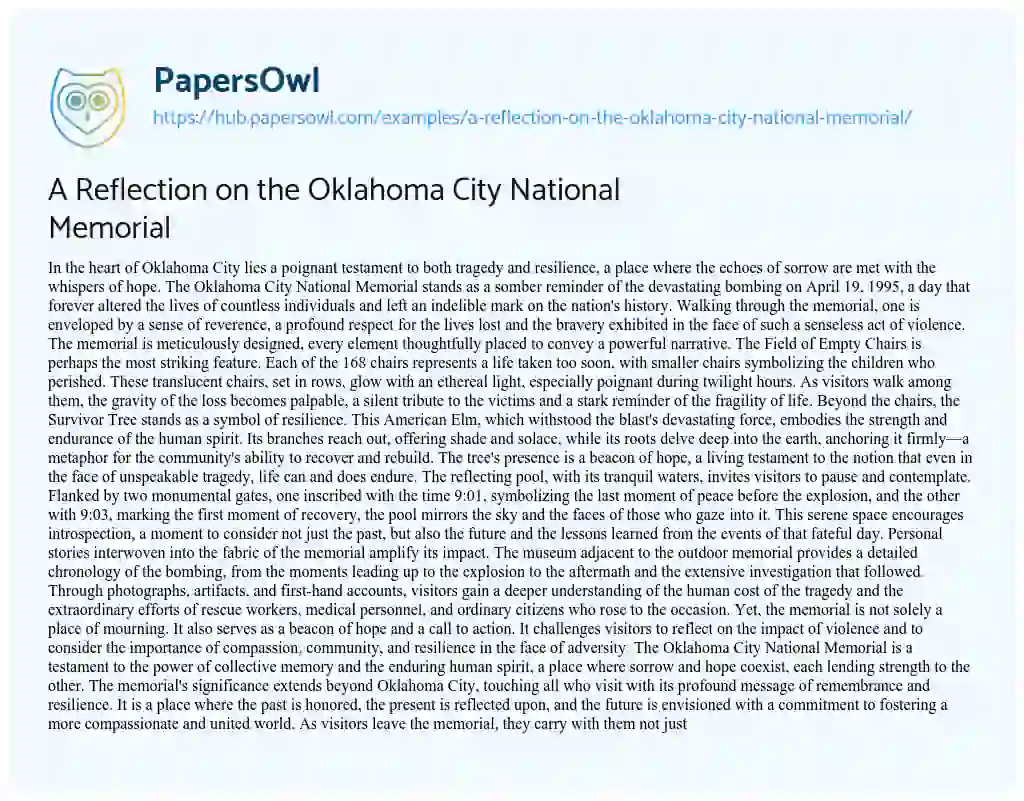 Essay on A Reflection on the Oklahoma City National Memorial