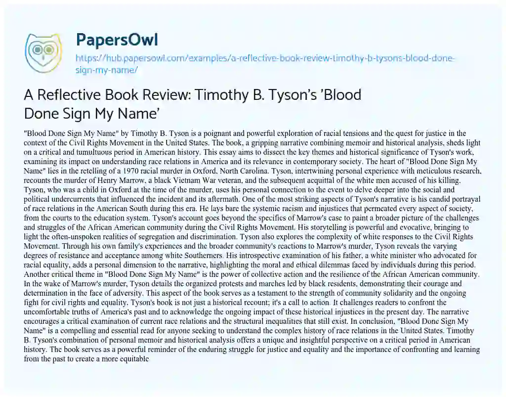 Essay on A Reflective Book Review: Timothy B. Tyson’s ‘Blood Done Sign My Name’