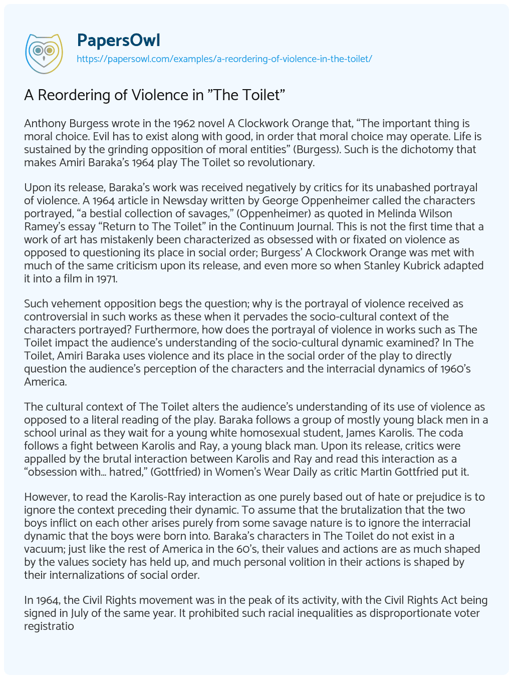Essay on A Reordering of Violence in “The Toilet”