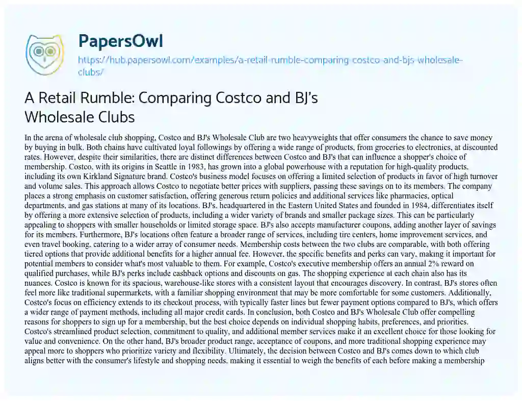 Essay on A Retail Rumble: Comparing Costco and BJ’s Wholesale Clubs