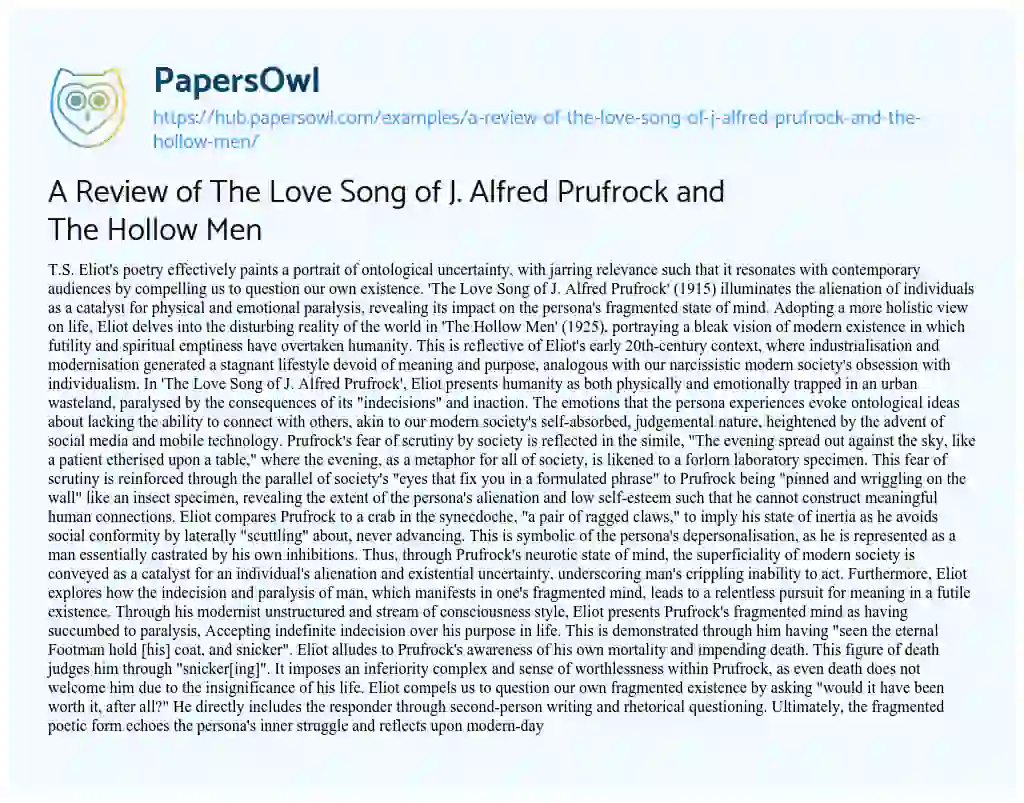 Essay on A Review of The Love Song of J. Alfred Prufrock and The Hollow Men