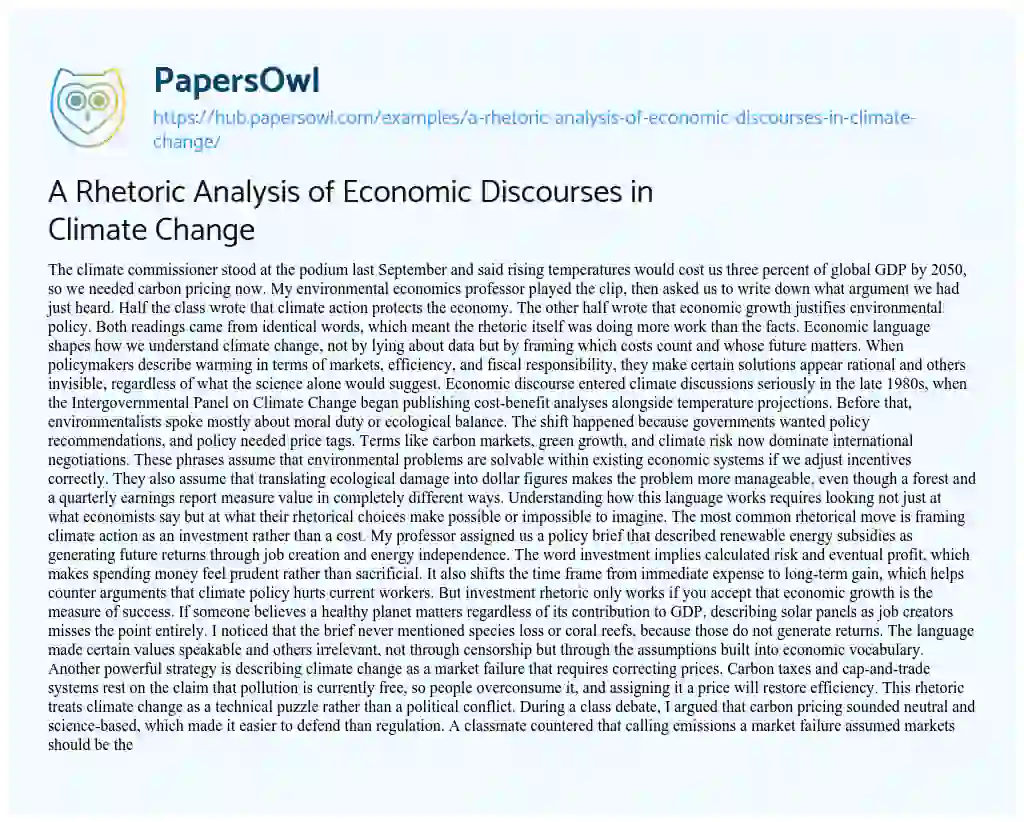 Essay on A Rhetoric Analysis of Economic Discourses in Climate Change