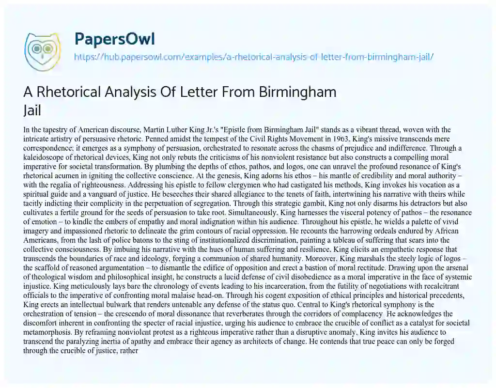 Essay on A Rhetorical Analysis Of Letter From Birmingham Jail