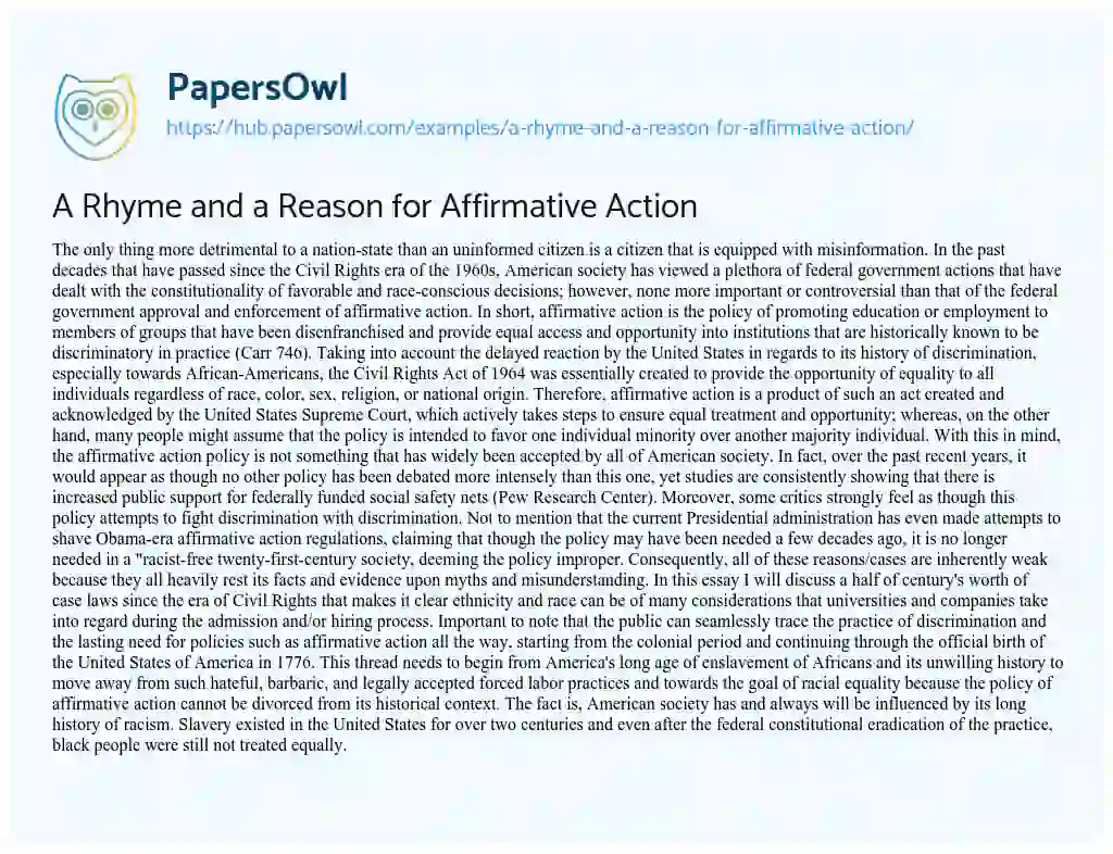 Essay on A Rhyme and a Reason for Affirmative Action