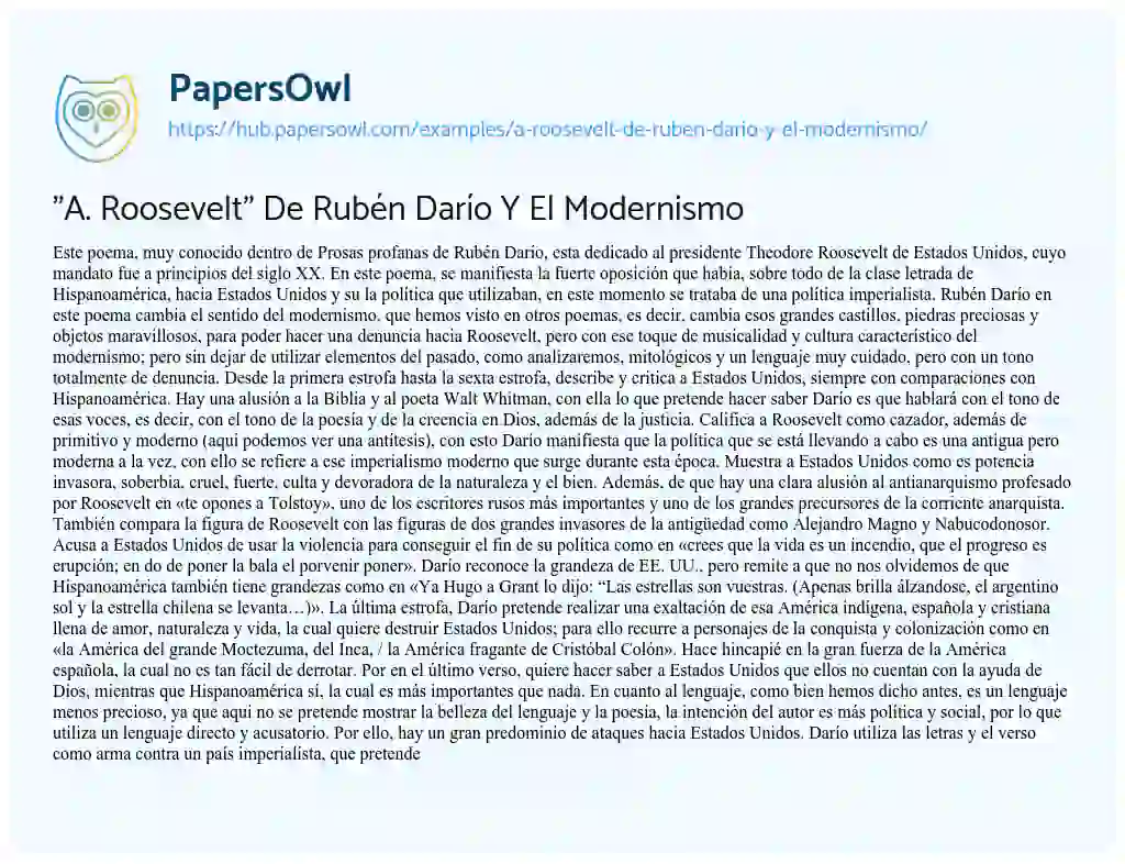Essay on “A. Roosevelt” De Rubén Darío Y El Modernismo