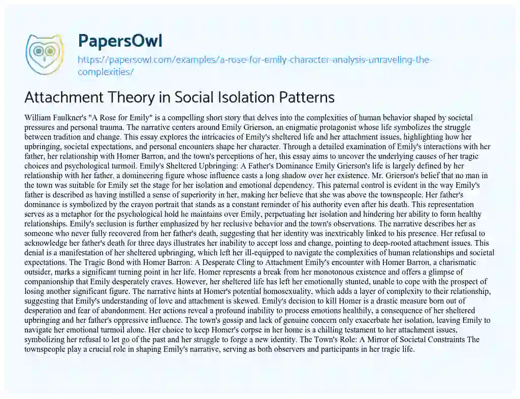 Essay on Attachment Theory in Social Isolation Patterns