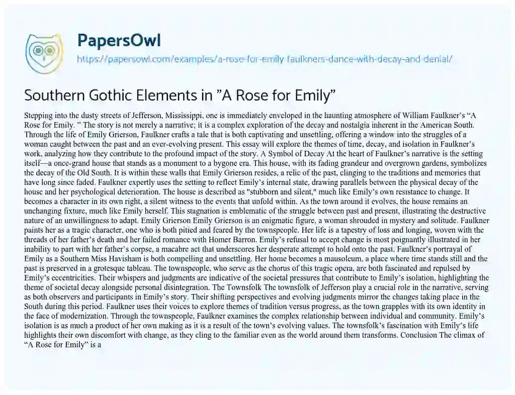 Essay on Southern Gothic Elements in “A Rose for Emily”