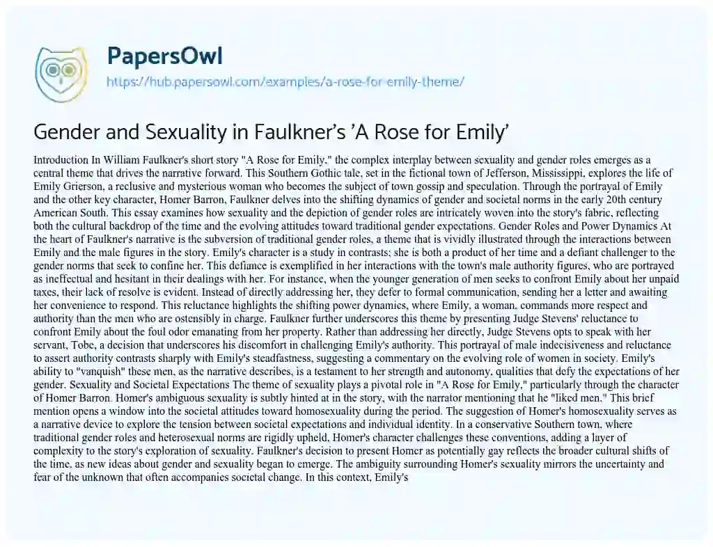 Essay on Gender and Sexuality in Faulkner’s ‘A Rose for Emily’