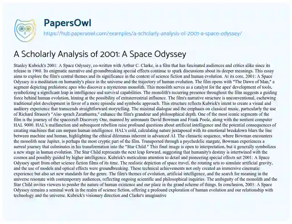 Essay on A Scholarly Analysis of 2001: A Space Odyssey