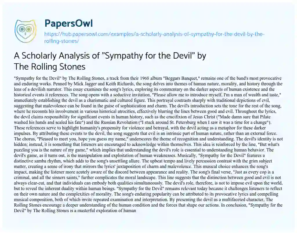 Essay on A Scholarly Analysis of “Sympathy for the Devil” by The Rolling Stones